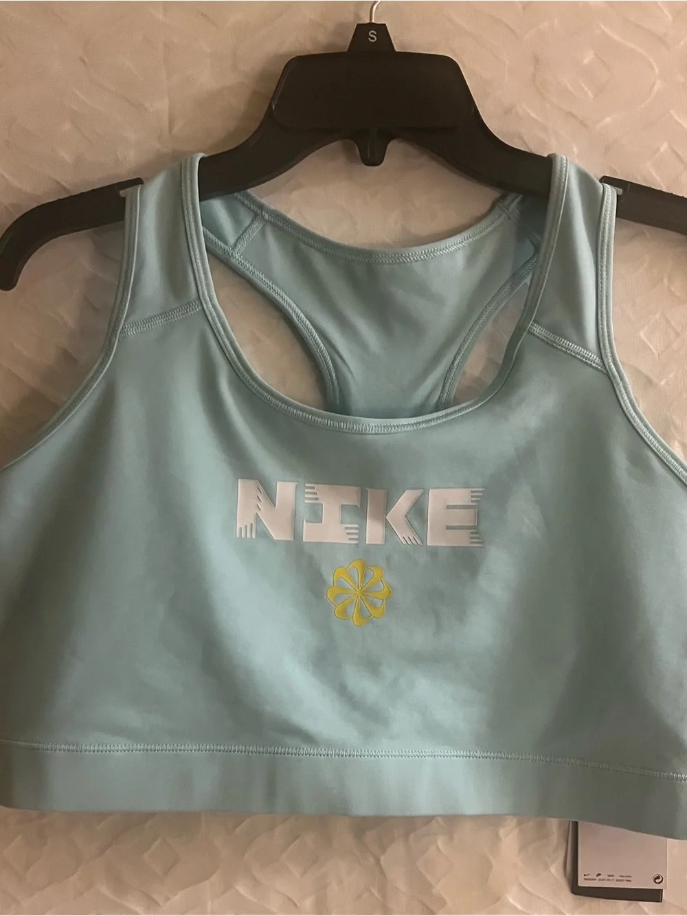 Nike Light Blue Racerback Sports Bra with Yellow Logo